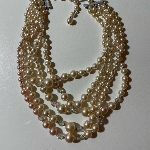 60’s pink and ivory faux pearls mixed with crystals 5 strand necklace - Picture 2 of 3
